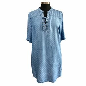 Philosophy Chambray Rainbow Print Pullover Shirt Dress Laced Neckline LG Casual